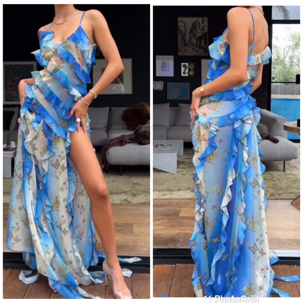 SIEDRES Blue & White Ruffled Maxi Dress with Butterfly Print